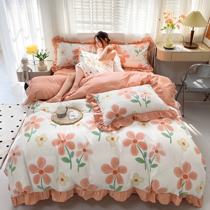 简爱 2025新款13372韩版纯棉花边四件套 桔阳花
