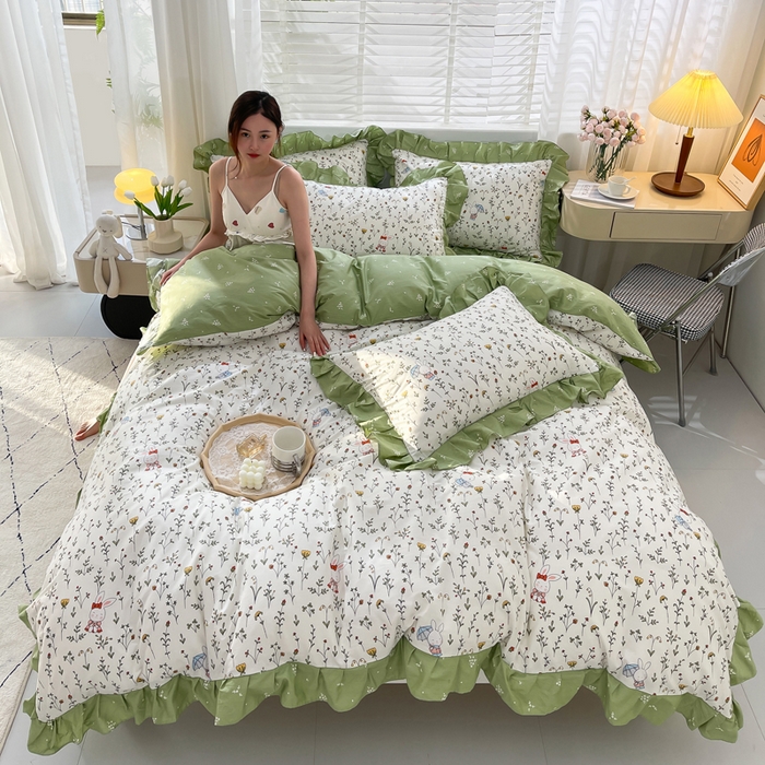 91家纺网 家纺一手货源 找家纺 简爱 2025新款13372韩版纯棉花边四件套 啾啾兔