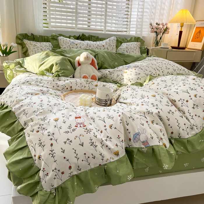 91家纺网 家纺一手货源 找家纺 简爱 2025新款13372韩版纯棉花边四件套 啾啾兔