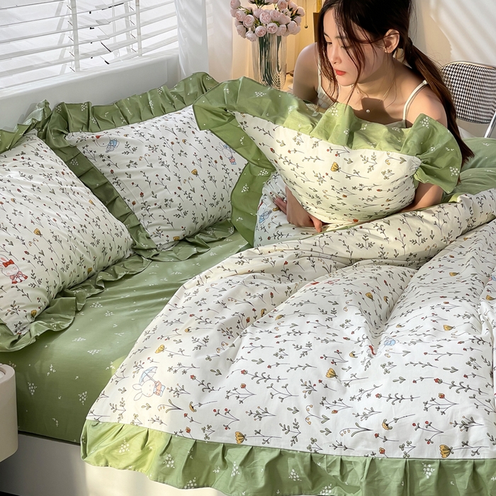 91家纺网 家纺一手货源 找家纺 简爱 2025新款13372韩版纯棉花边四件套 啾啾兔