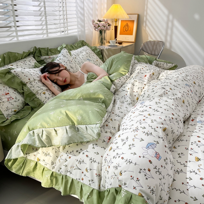 91家纺网 家纺一手货源 找家纺 简爱 2025新款13372韩版纯棉花边四件套 啾啾兔