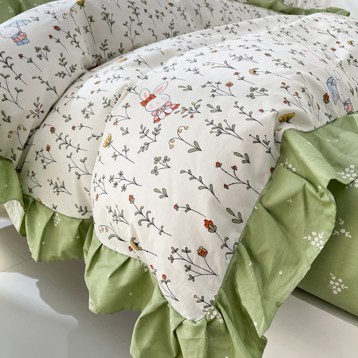 91家纺网 家纺一手货源 找家纺 简爱 2025新款13372韩版纯棉花边四件套 啾啾兔