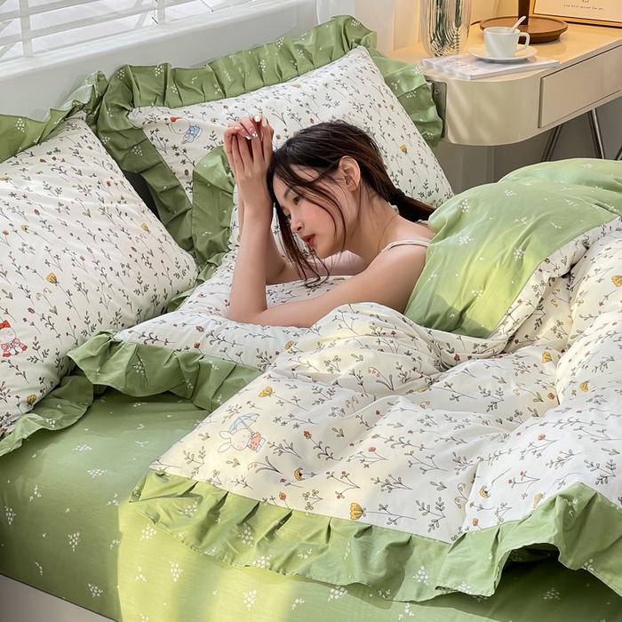 91家纺网 家纺一手货源 找家纺 简爱 2025新款13372韩版纯棉花边四件套 啾啾兔