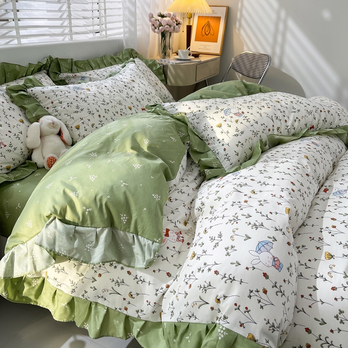 91家纺网 家纺一手货源 找家纺 简爱 2025新款13372韩版纯棉花边四件套 啾啾兔