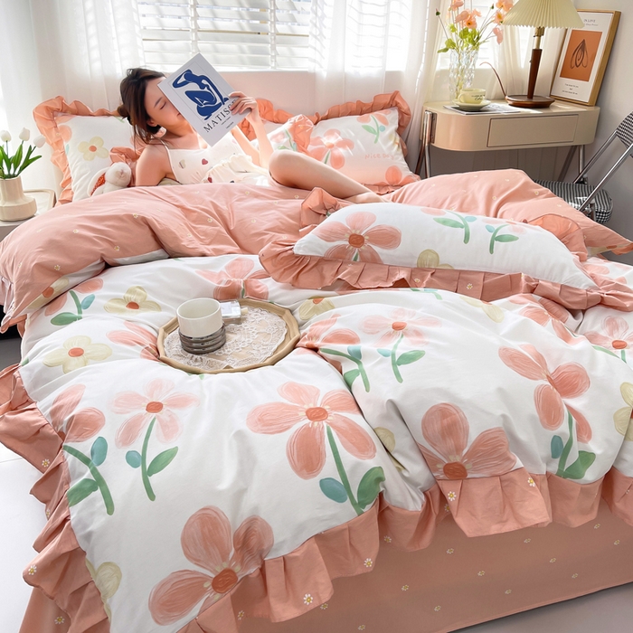 91家纺网 家纺一手货源 找家纺 简爱 2025新款13372韩版纯棉花边四件套 桔阳花