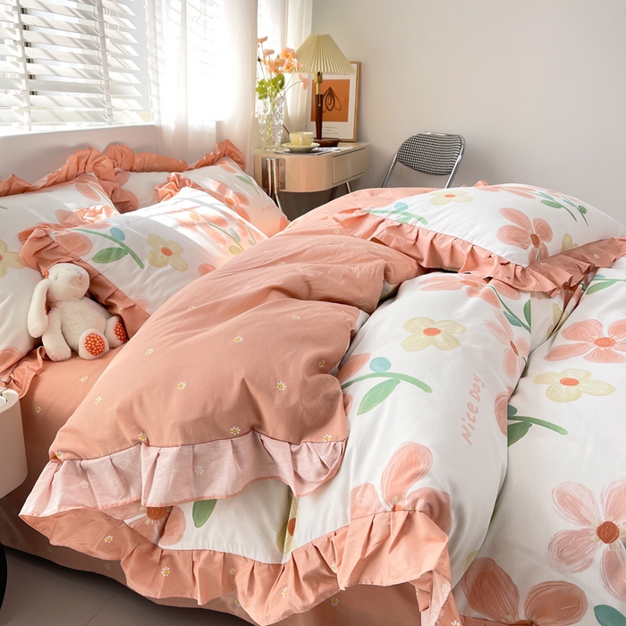 91家纺网 家纺一手货源 找家纺 简爱 2025新款13372韩版纯棉花边四件套 桔阳花