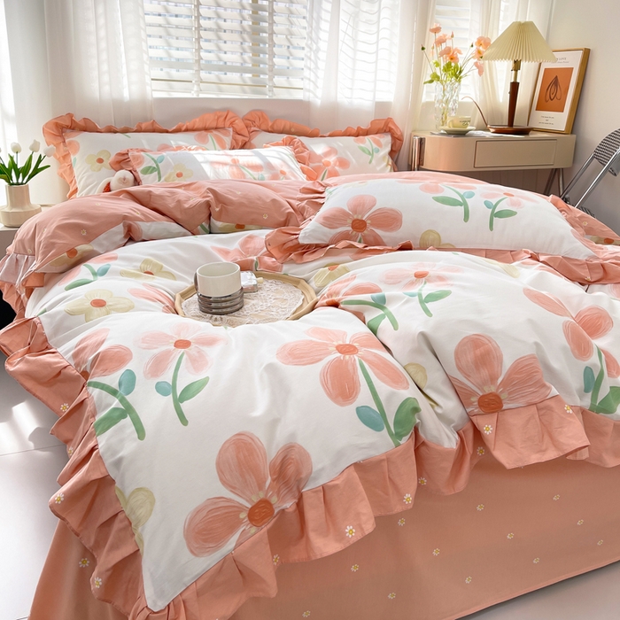 91家纺网 家纺一手货源 找家纺 简爱 2025新款13372韩版纯棉花边四件套 桔阳花