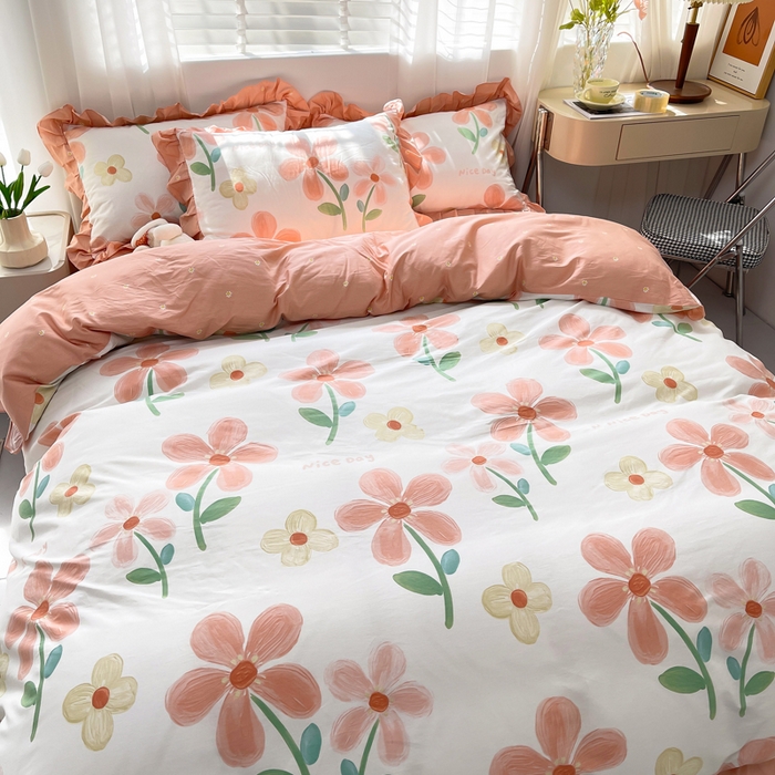 91家纺网 家纺一手货源 找家纺 简爱 2025新款13372韩版纯棉花边四件套 桔阳花