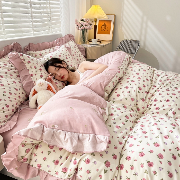 91家纺网 家纺一手货源 找家纺 简爱 2025新款13372韩版纯棉花边四件套 美宣