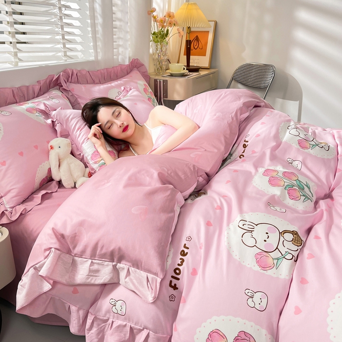 91家纺网 家纺一手货源 找家纺 简爱 2025新款13372韩版纯棉花边四件套 提花兔