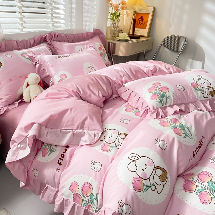 91家纺网 家纺一手货源 找家纺 简爱 2025新款13372韩版纯棉花边四件套 提花兔