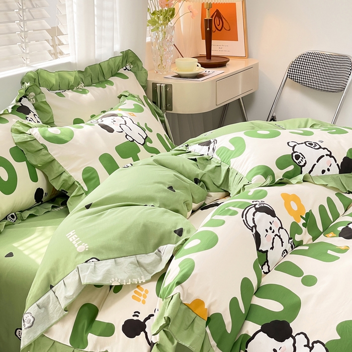 91家纺网 家纺一手货源 找家纺 简爱 2025新款13372韩版纯棉花边四件套 皮皮狗