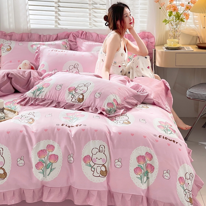 91家纺网 家纺一手货源 找家纺 简爱 2025新款13372韩版纯棉花边四件套 提花兔