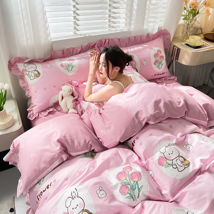 91家纺网 家纺一手货源 找家纺 简爱 2025新款13372韩版纯棉花边四件套 提花兔