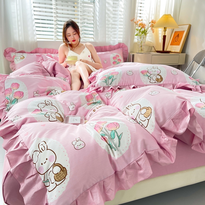 91家纺网 家纺一手货源 找家纺 简爱 2025新款13372韩版纯棉花边四件套 提花兔