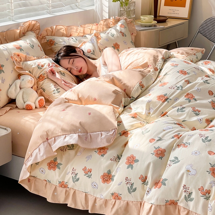 91家纺网 家纺一手货源 找家纺 简爱 2025新款13372韩版纯棉花边四件套 提花兔