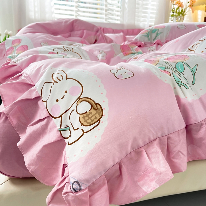 91家纺网 家纺一手货源 找家纺 简爱 2025新款13372韩版纯棉花边四件套 提花兔