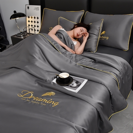 简爱 2025新款水洗真丝刺绣夏被四件套（跑量款） 直播 梦羽-高级灰