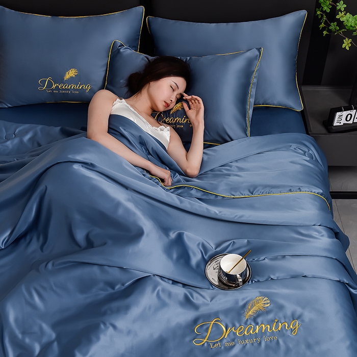 91家纺网 家纺一手货源 找家纺 简爱 2025新款水洗真丝刺绣夏被四件套（跑量款） 直播 梦羽-宾利蓝