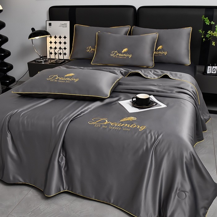 91家纺网 家纺一手货源 找家纺 简爱 2025新款水洗真丝刺绣夏被四件套（跑量款） 直播 梦羽-高级灰