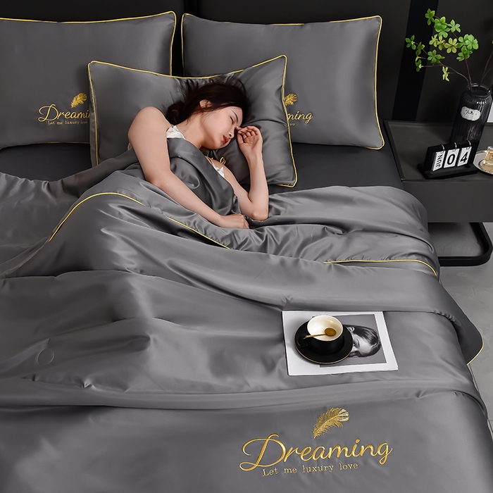 91家纺网 家纺一手货源 找家纺 简爱 2025新款水洗真丝刺绣夏被四件套（跑量款） 直播 梦羽-高级灰