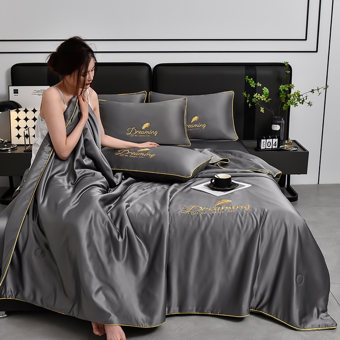 91家纺网 家纺一手货源 找家纺 简爱 2025新款水洗真丝刺绣夏被四件套（跑量款） 直播 梦羽-高级灰