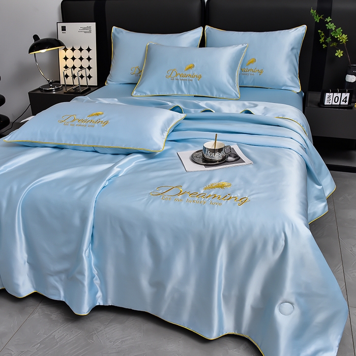 91家纺网 家纺一手货源 找家纺 简爱 2026新款水洗真丝刺绣夏被四件套（跑量款） 直播 梦羽-天空蓝