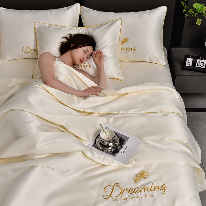 91家纺网 家纺一手货源 找家纺 简爱 2025新款水洗真丝刺绣夏被四件套（跑量款） 直播 梦羽-奶茶白