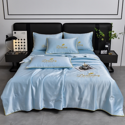 简爱 2026新款水洗真丝刺绣夏被四件套（跑量款） 直播 梦羽-天空蓝