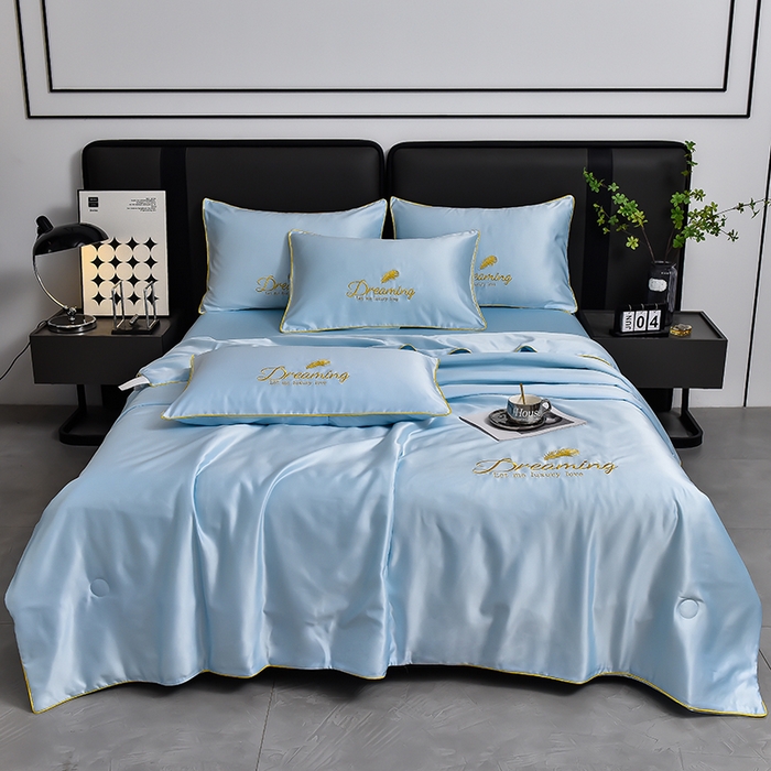 91家纺网 家纺一手货源 找家纺 简爱 2026新款水洗真丝刺绣夏被四件套（跑量款） 直播 梦羽-天空蓝