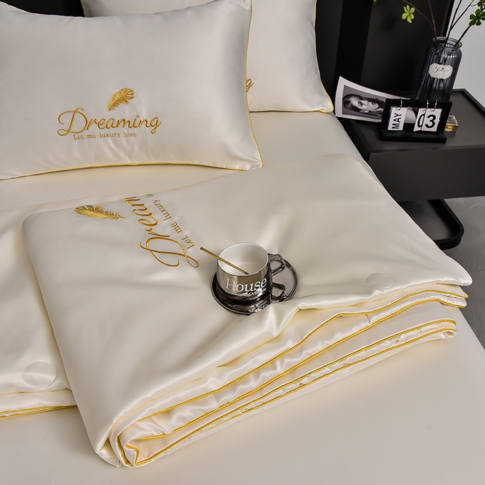 91家纺网 家纺一手货源 找家纺 简爱 2025新款水洗真丝刺绣夏被四件套（跑量款） 直播 梦羽-奶茶白