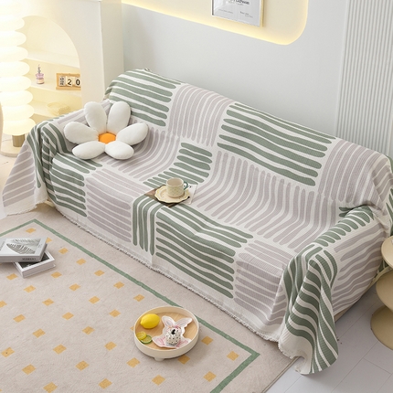 启博家纺 2023爆款针织棉线沙发巾 绿咖条纹