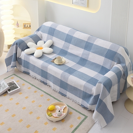 启博家纺 2023爆款针织棉线沙发巾 蓝白格