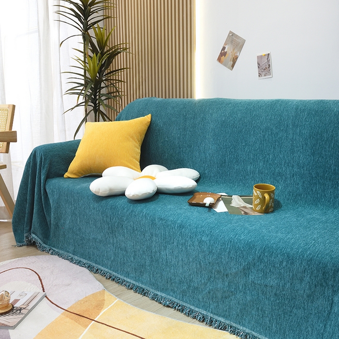 91家纺网 家纺一手货源 找家纺 启博家纺 2023新款雪尼尔纯色沙发盖布巾沙发垫沙发套沙发巾 孔雀绿