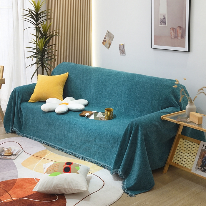 91家纺网 家纺一手货源 找家纺 启博家纺 2023新款雪尼尔纯色沙发盖布巾沙发垫沙发套沙发巾 孔雀绿
