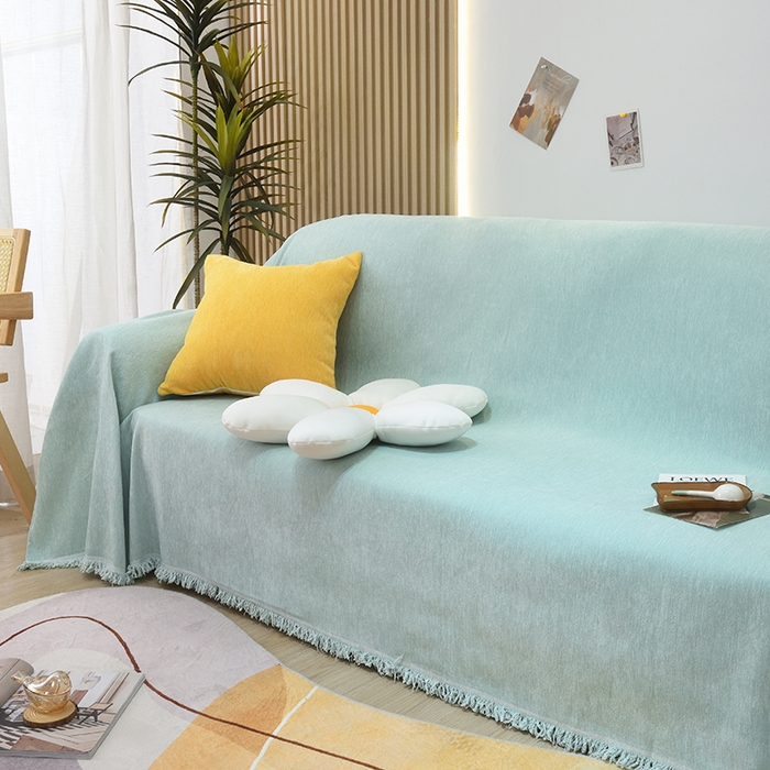 91家纺网 家纺一手货源 找家纺 启博家纺 2023新款雪尼尔纯色沙发盖布巾沙发垫沙发套沙发巾 天青蓝