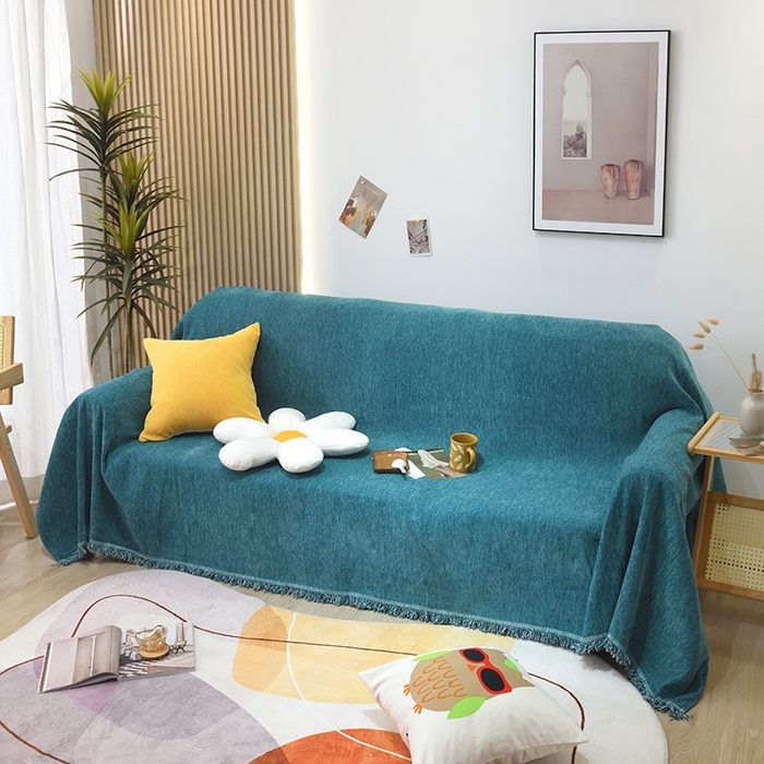 91家纺网 家纺一手货源 找家纺 启博家纺 2023新款雪尼尔纯色沙发盖布巾沙发垫沙发套沙发巾 孔雀绿