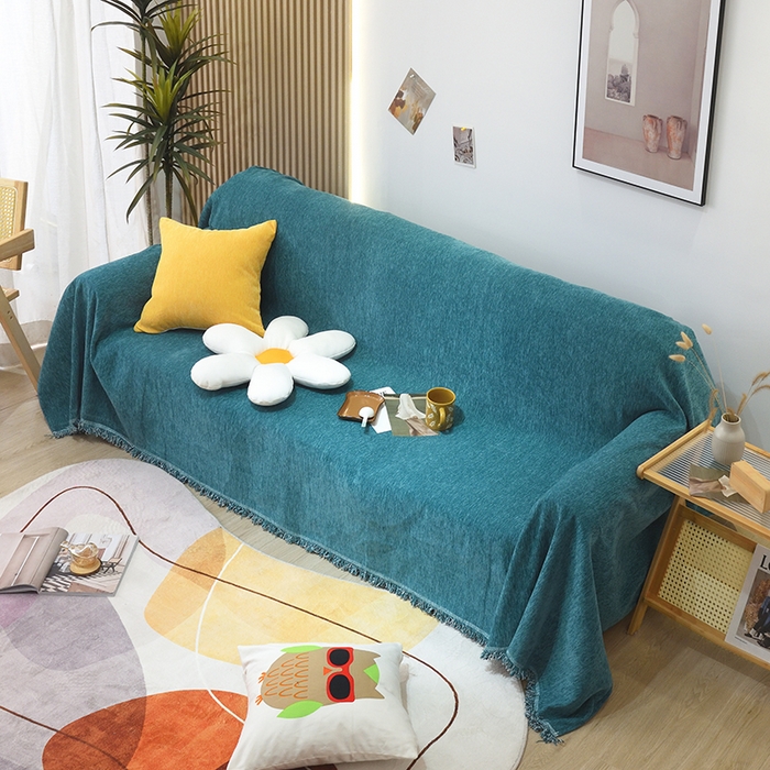91家纺网 家纺一手货源 找家纺 启博家纺 2023新款雪尼尔纯色沙发盖布巾沙发垫沙发套沙发巾 孔雀绿