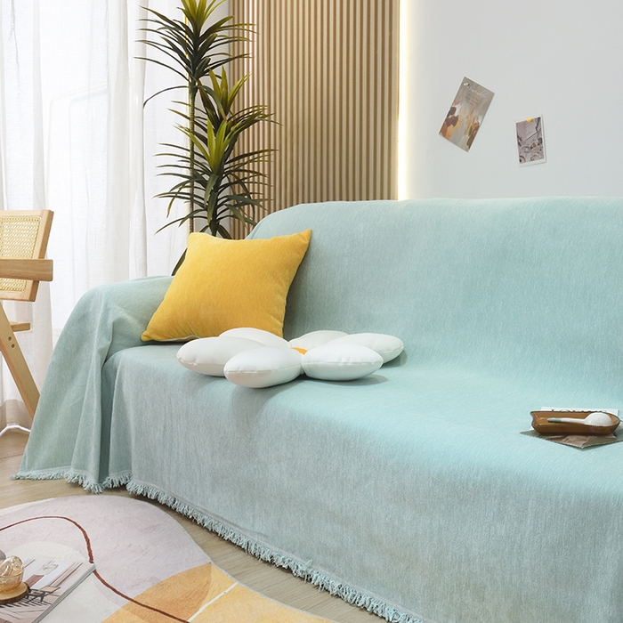 91家纺网 家纺一手货源 找家纺 启博家纺 2023新款雪尼尔纯色沙发盖布巾沙发垫沙发套沙发巾 天青蓝