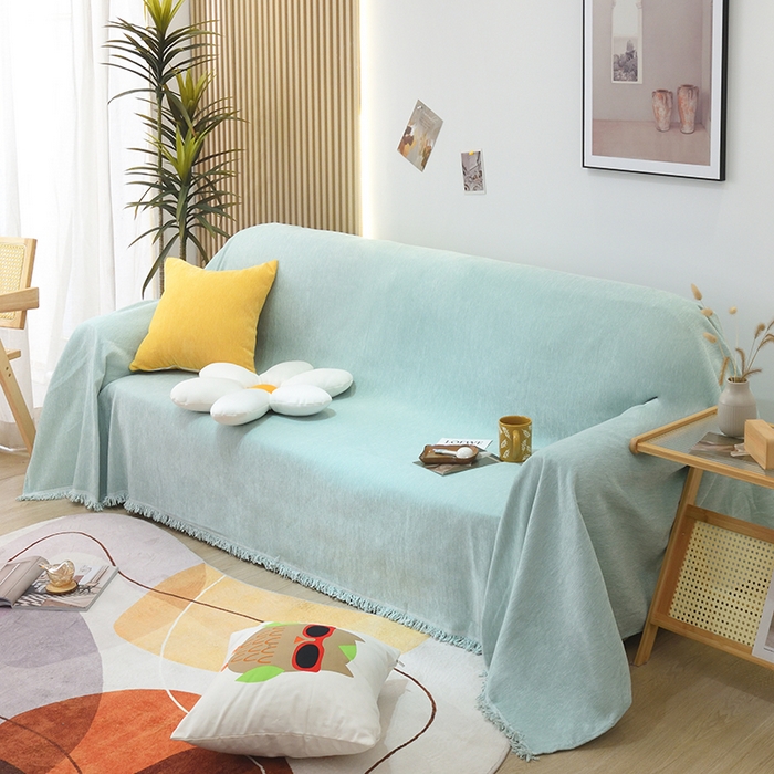 91家纺网 家纺一手货源 找家纺 启博家纺 2023新款雪尼尔纯色沙发盖布巾沙发垫沙发套沙发巾 天青蓝