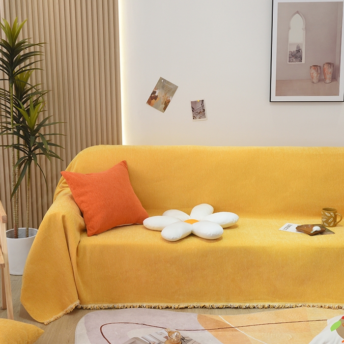91家纺网 家纺一手货源 找家纺 启博家纺 2023新款雪尼尔纯色沙发盖布巾沙发垫沙发套沙发巾 柠檬黄