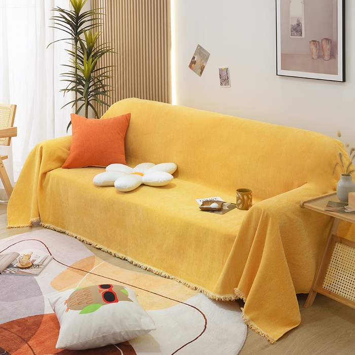 91家纺网 家纺一手货源 找家纺 启博家纺 2023新款雪尼尔纯色沙发盖布巾沙发垫沙发套沙发巾 柠檬黄