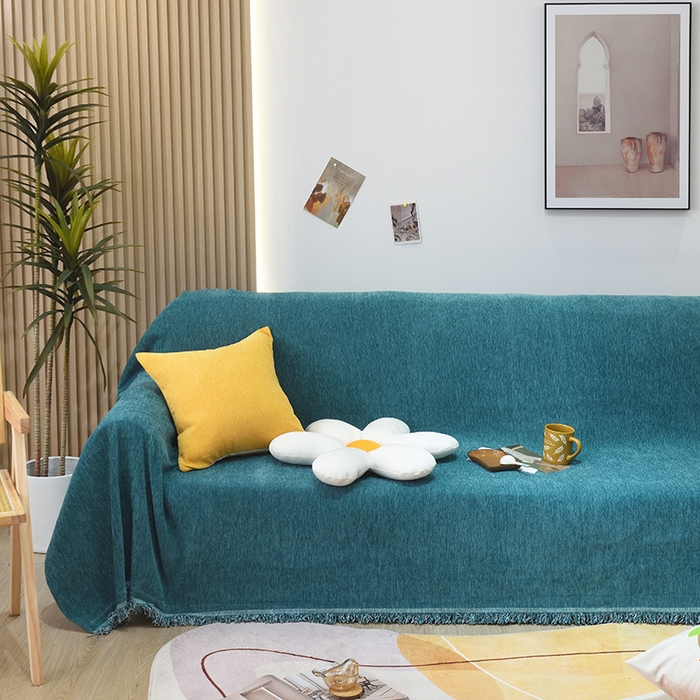 91家纺网 家纺一手货源 找家纺 启博家纺 2023新款雪尼尔纯色沙发盖布巾沙发垫沙发套沙发巾 孔雀绿