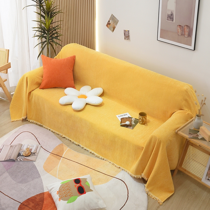 91家纺网 家纺一手货源 找家纺 启博家纺 2023新款雪尼尔纯色沙发盖布巾沙发垫沙发套沙发巾 柠檬黄