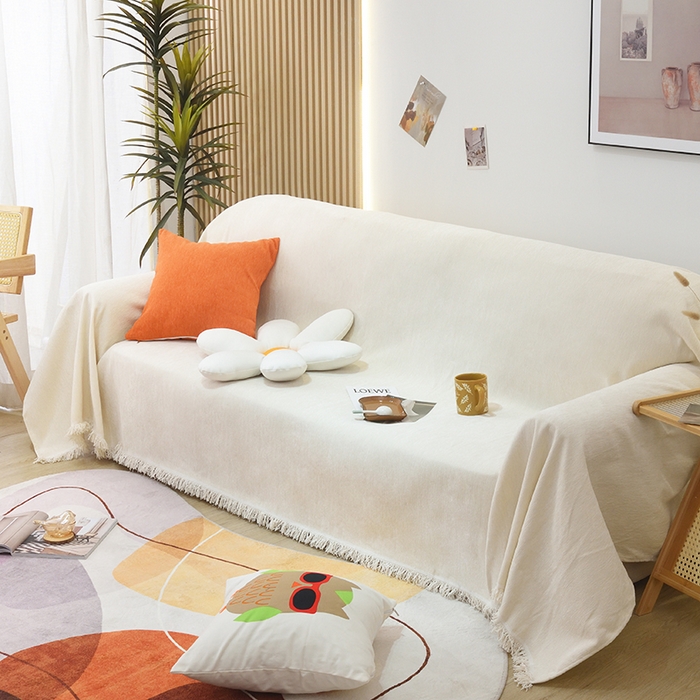 91家纺网 家纺一手货源 找家纺 启博家纺 2023新款雪尼尔纯色沙发盖布巾沙发垫沙发套沙发巾 象牙白