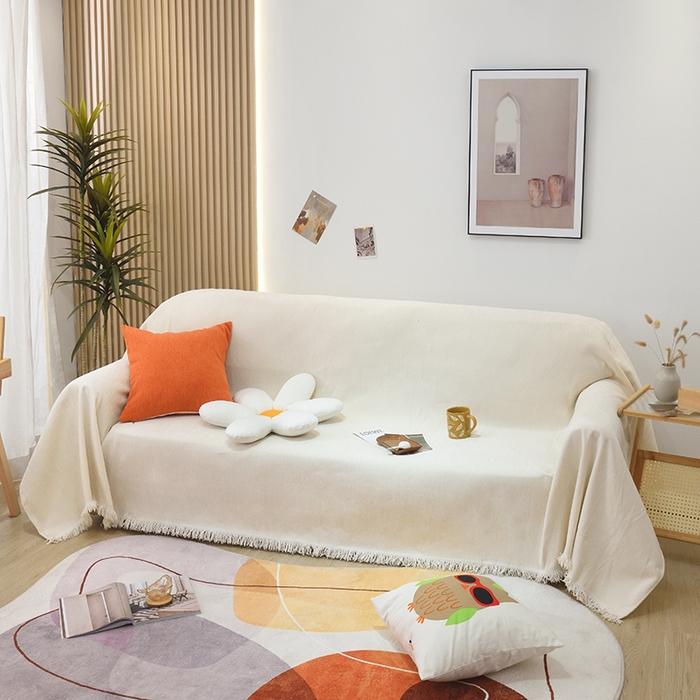 91家纺网 家纺一手货源 找家纺 启博家纺 2023新款雪尼尔纯色沙发盖布巾沙发垫沙发套沙发巾 象牙白