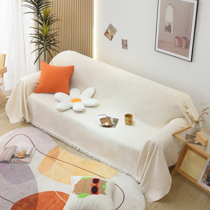 91家纺网 家纺一手货源 找家纺 启博家纺 2023新款雪尼尔纯色沙发盖布巾沙发垫沙发套沙发巾 象牙白