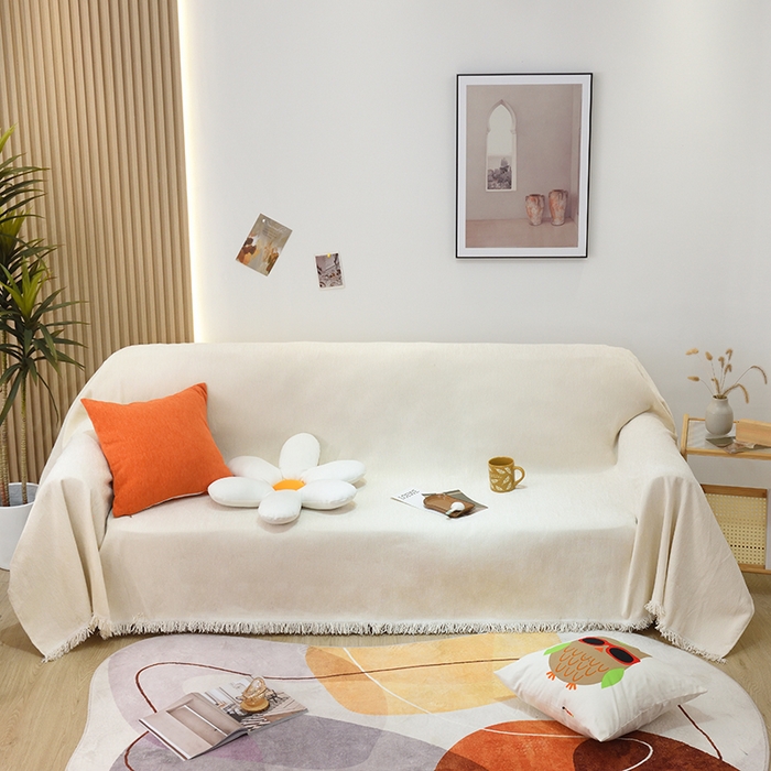 91家纺网 家纺一手货源 找家纺 启博家纺 2023新款雪尼尔纯色沙发盖布巾沙发垫沙发套沙发巾 象牙白