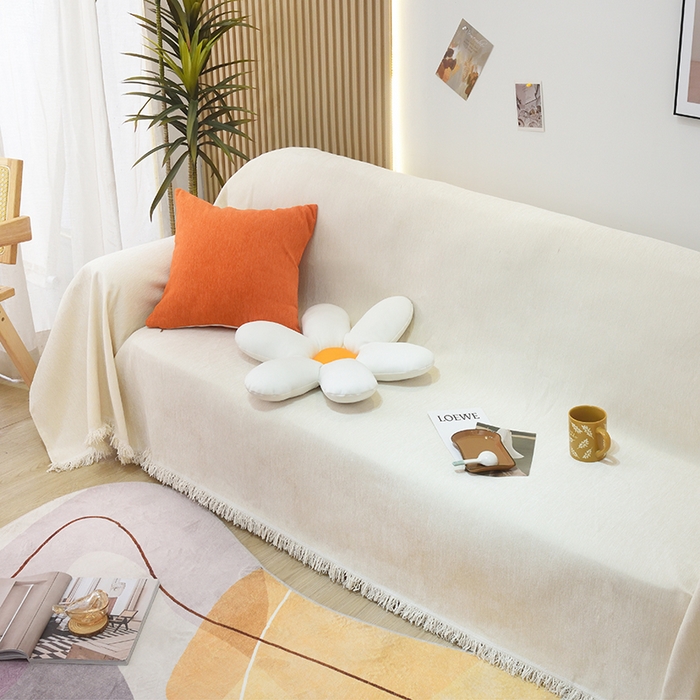 91家纺网 家纺一手货源 找家纺 启博家纺 2023新款雪尼尔纯色沙发盖布巾沙发垫沙发套沙发巾 象牙白