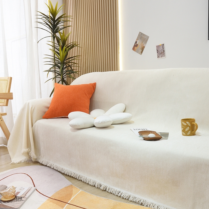 91家纺网 家纺一手货源 找家纺 启博家纺 2023新款雪尼尔纯色沙发盖布巾沙发垫沙发套沙发巾 象牙白
